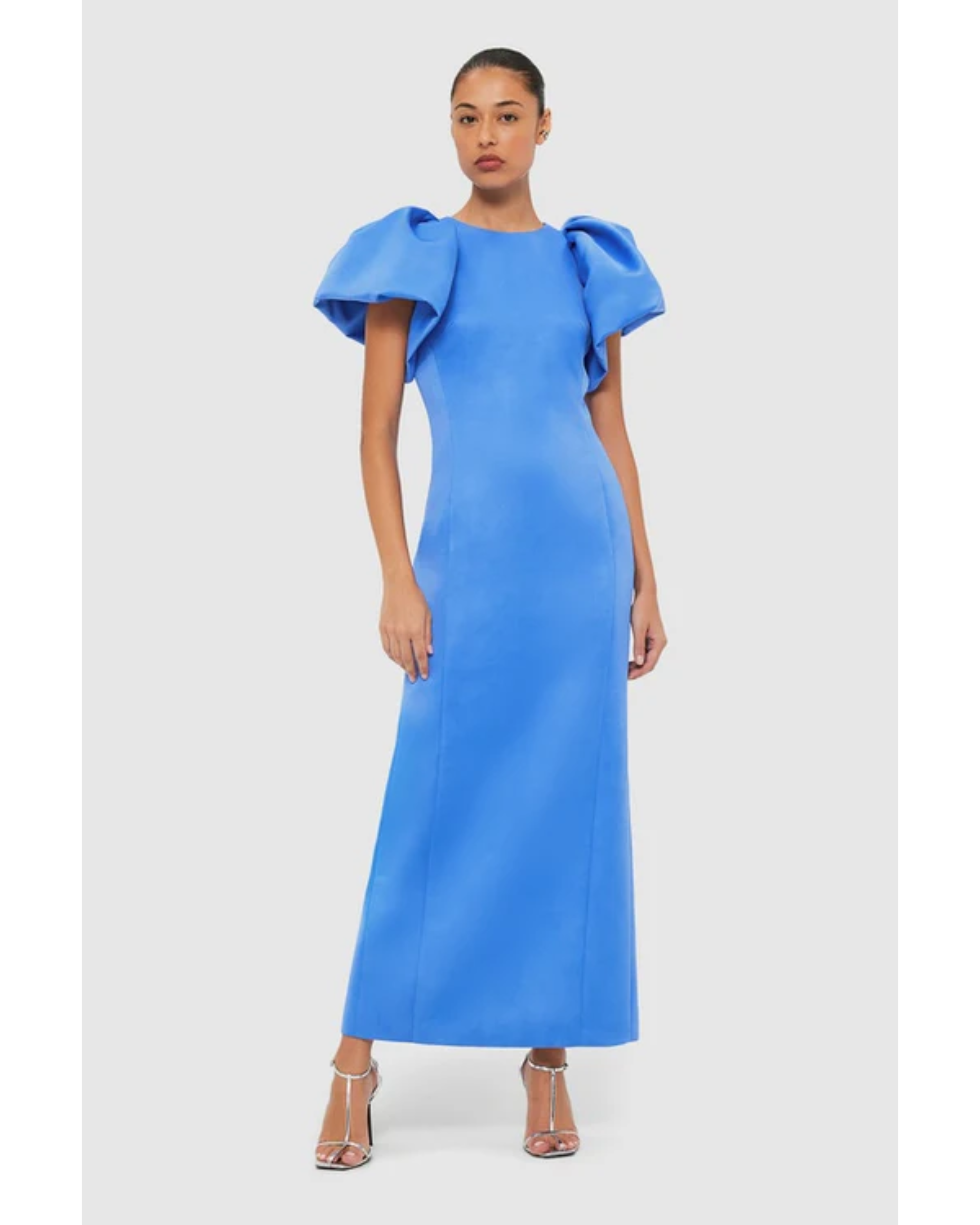 Woman wearing steel blue Lucinda Maxi Dress with puffed sleeves, viewed from back — Leo Lin | Endless UAE