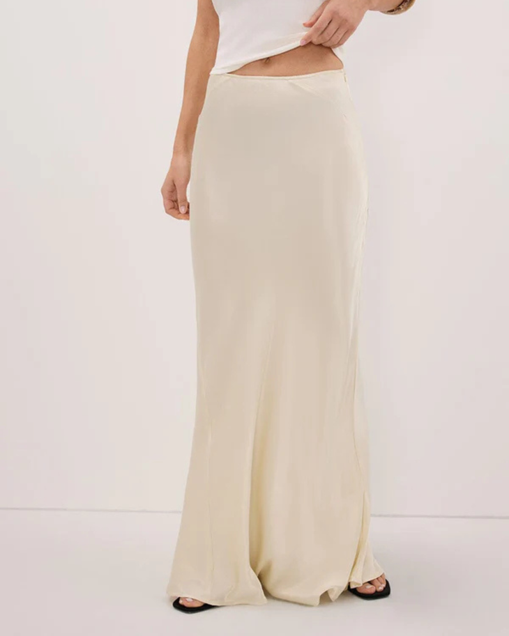 Charli Satin Maxi Skirt in cream worn with matching top — Dissh | Endless UAE