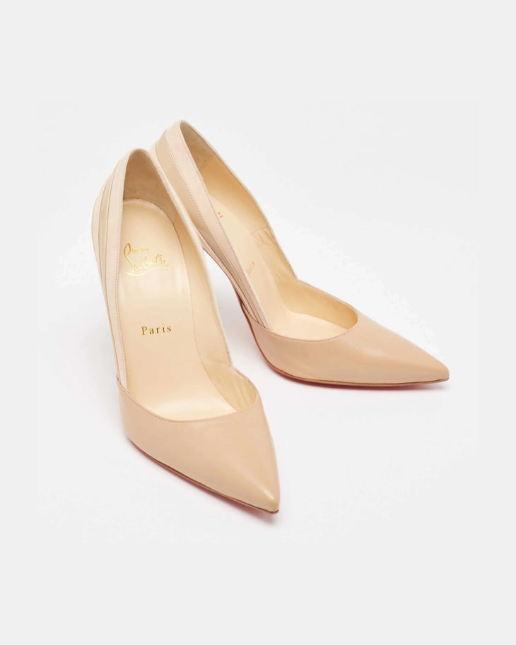 Nude patent leather pointed-toe pumps with red sole and high stiletto heel — Christian Louboutin | Endless UAE
