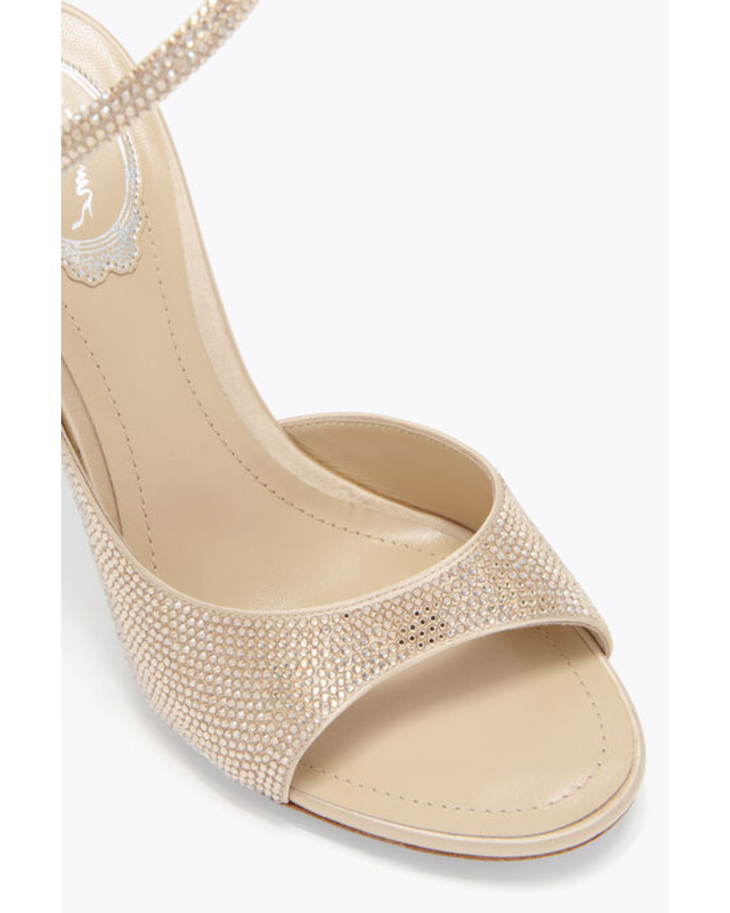 Gold embellished open-toe sandal with crystal-adorned ankle strap and mid-heel — René Caovilla | Endless UAE