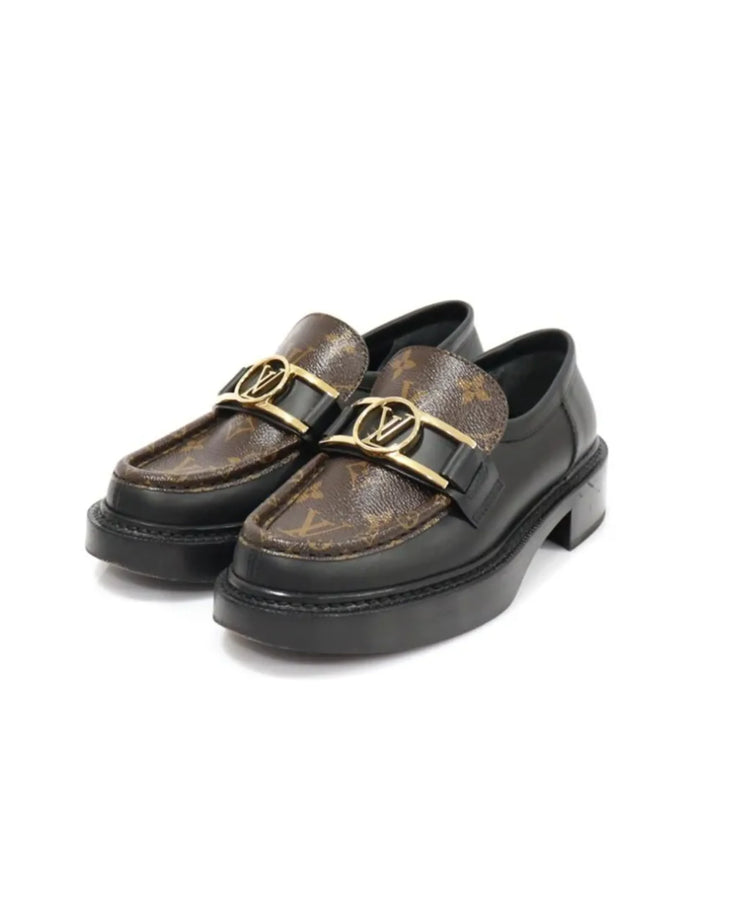 Louis Vuitton Academy Monogram & Leather Loafers with gold-tone LV hardware on chunky black soles — Louis Vuitton | Endless UAE