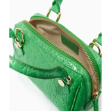 Green crocodile-embossed mini tote bag with gold hardware held by hand — By Far | Endless UAE