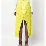 Bright yellow pleated midi skirt with asymmetric high-low hemline and tie waist detail, shown from back — Rokh | Endless UAE
