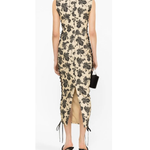 Elena Midi Dress with black leaf print, high neckline, sleeveless cut, and lace-up side details — De La Vali | Endless UAE
