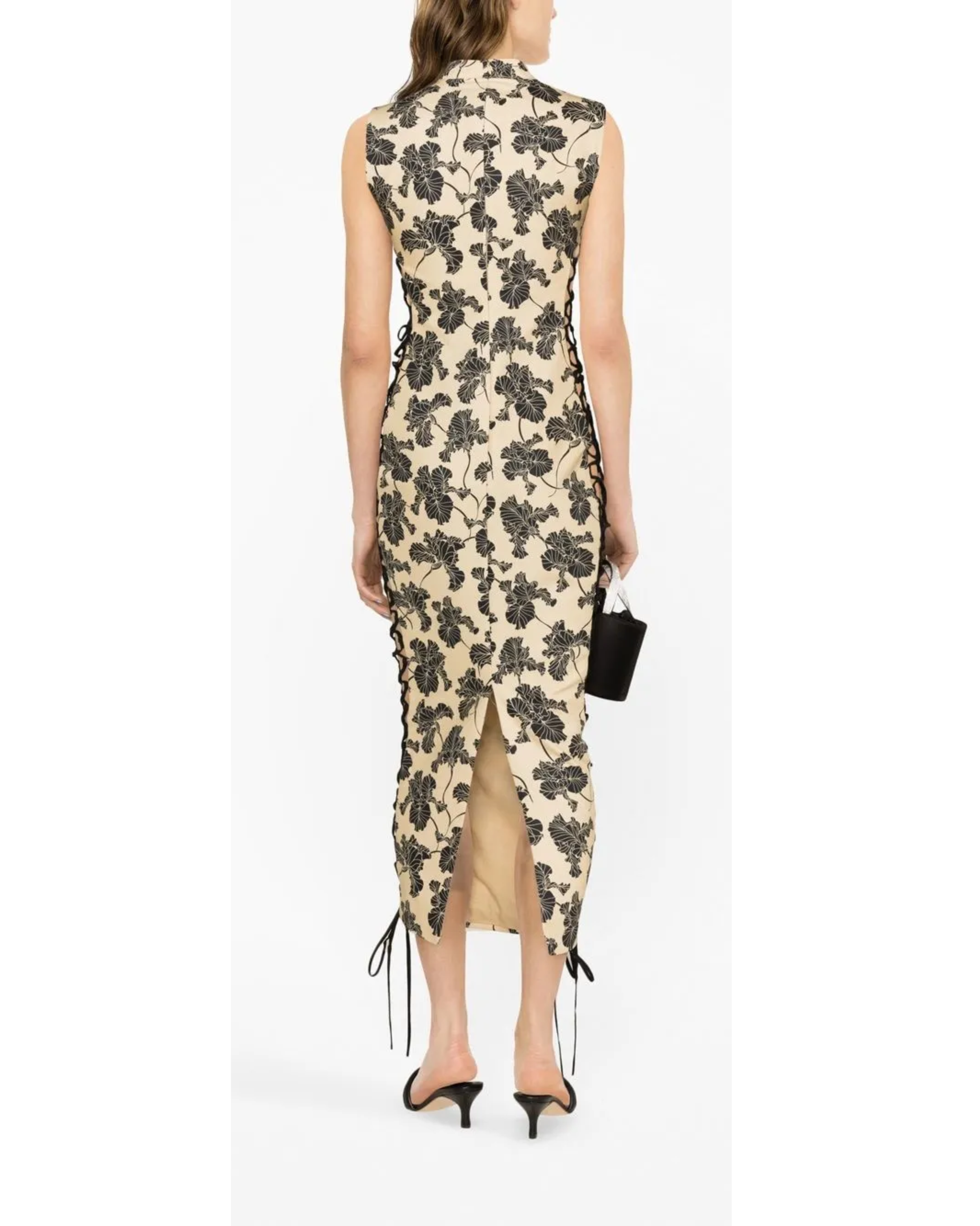 Elena Midi Dress with black leaf print, high neckline, sleeveless cut, and lace-up side details — De La Vali | Endless UAE