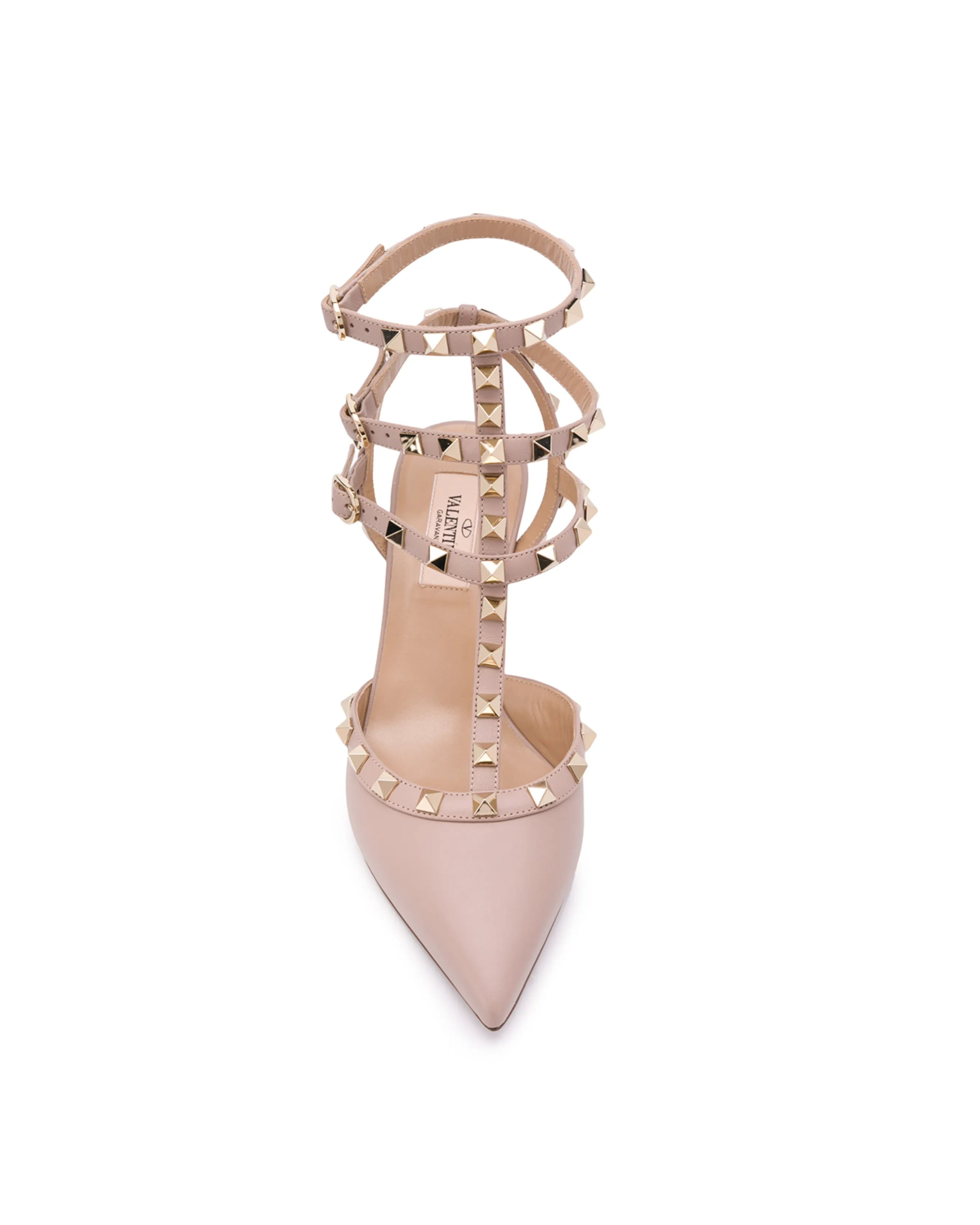 Nude leather Rockstud pumps with pyramid stud straps and buckle details — Valentino Garavani | Endless UAE