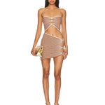 Brown and white striped strapless co-ord set with cutout details and gold button accents — Retrofete | Endless UAE