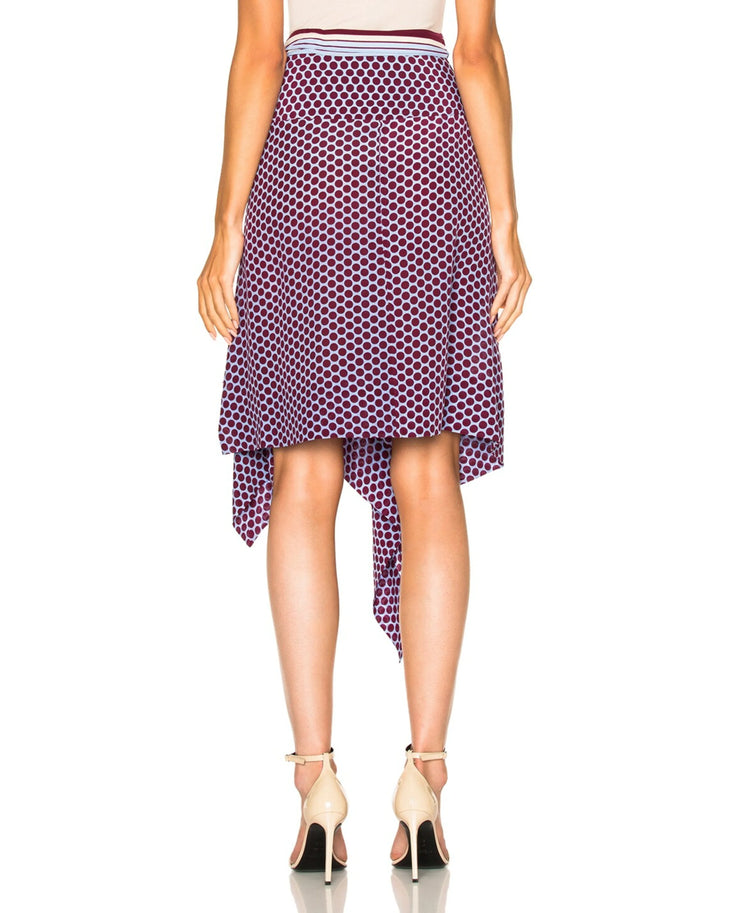 Danica Wrap Skirt in burgundy polka dot print with asymmetrical handkerchief hem — Alexis | Endless UAE