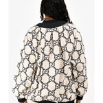 Cream fleece bomber jacket with black GG monogram pattern and black ribbed collar and cuffs, shown from back — Gucci | Endless UAE