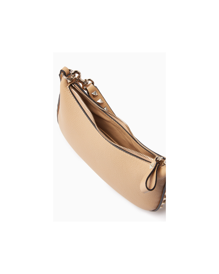 Beige leather mini hobo shoulder bag with dark brown studded trim and single strap — Valentino Garavani | Endless UAE