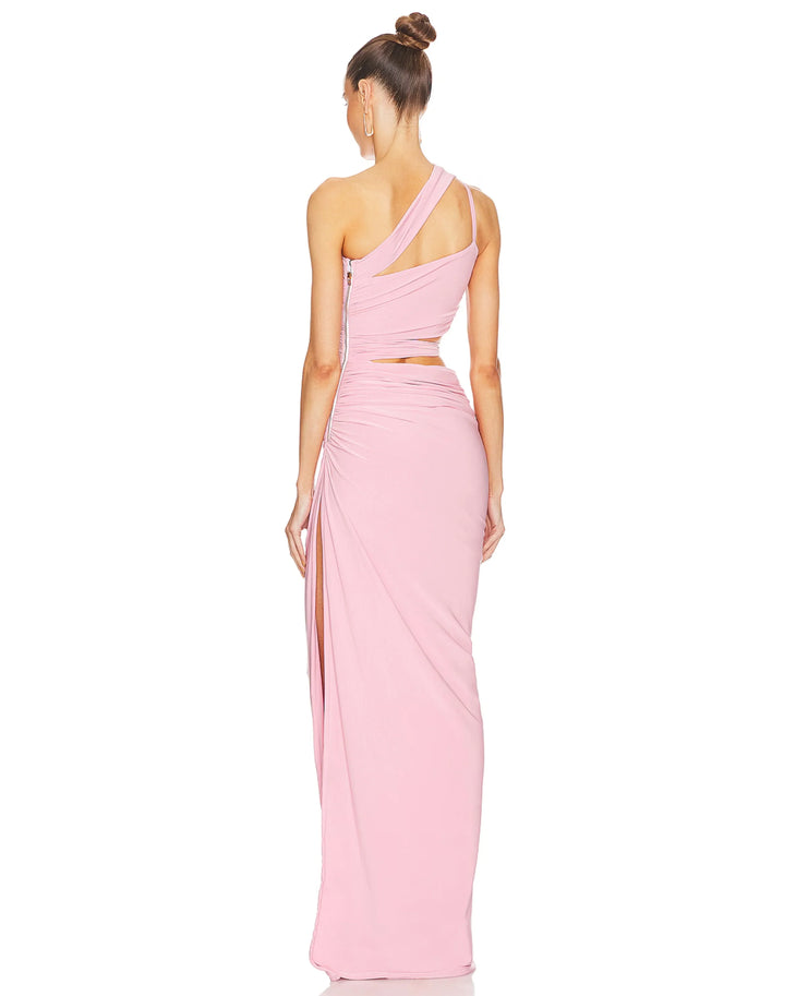 Woman wearing pink Cassia Dress with asymmetrical neckline, cutout details, and high slit — J.Angelique | Endless UAE