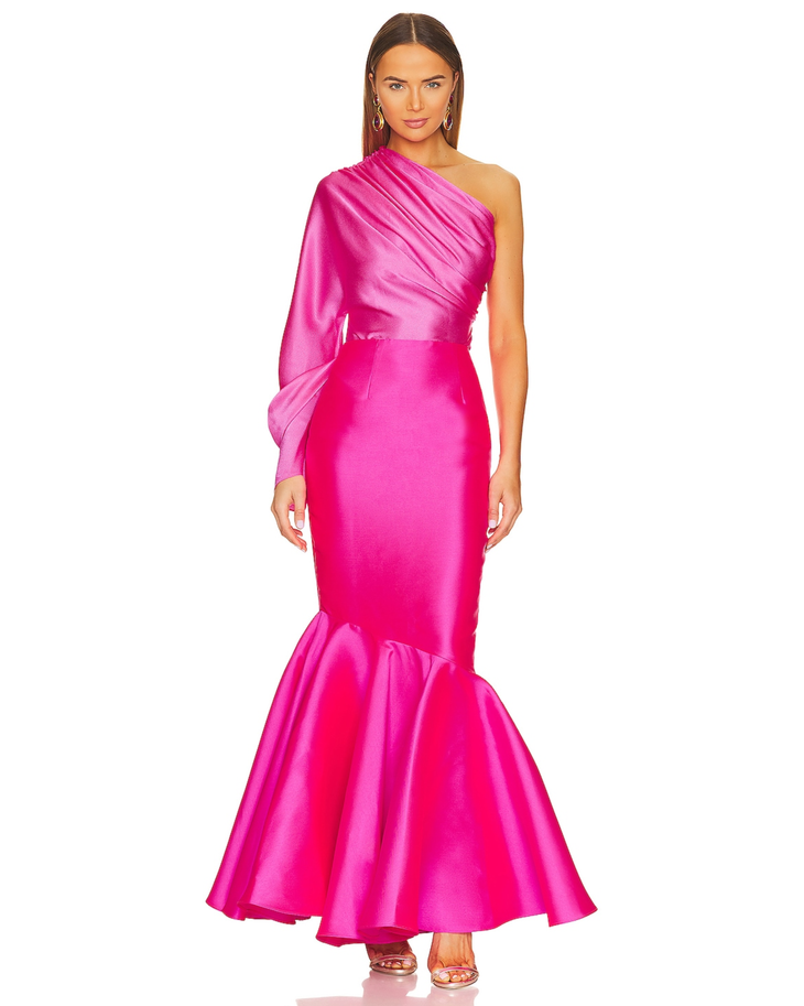 Hot pink one-shoulder draped top with textured fabric detail — Solace London | Endless UAE
