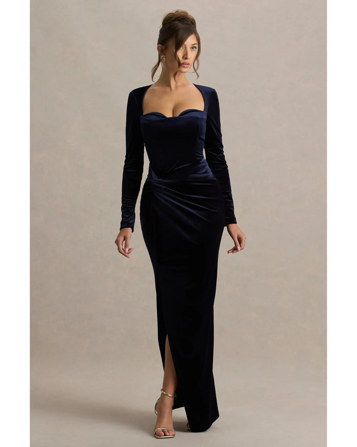 Navy velvet corset maxi dress with long sleeves and side slit — Club L London | Endless UAE