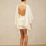 Lyna White Satin Dress with draped cape overlay and tiered skirt — Miss Rosier | Endless UAE
