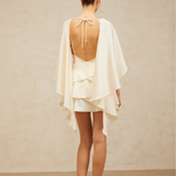 Lyna White Satin Dress with draped cape overlay and tiered skirt — Miss Rosier | Endless UAE