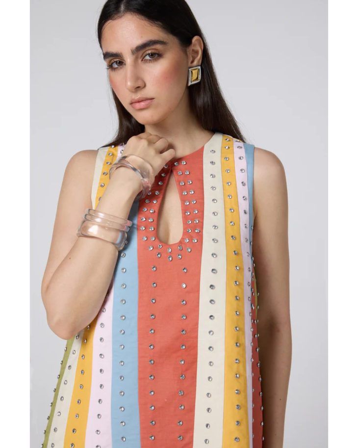 Colorful striped Niji dress with scalloped hem and keyhole neckline — Mayka | Endless UAE
