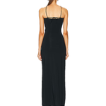 Black maxi dress with spaghetti straps and back tie detail, shown from behind — Mygel Coronel | Endless UAE