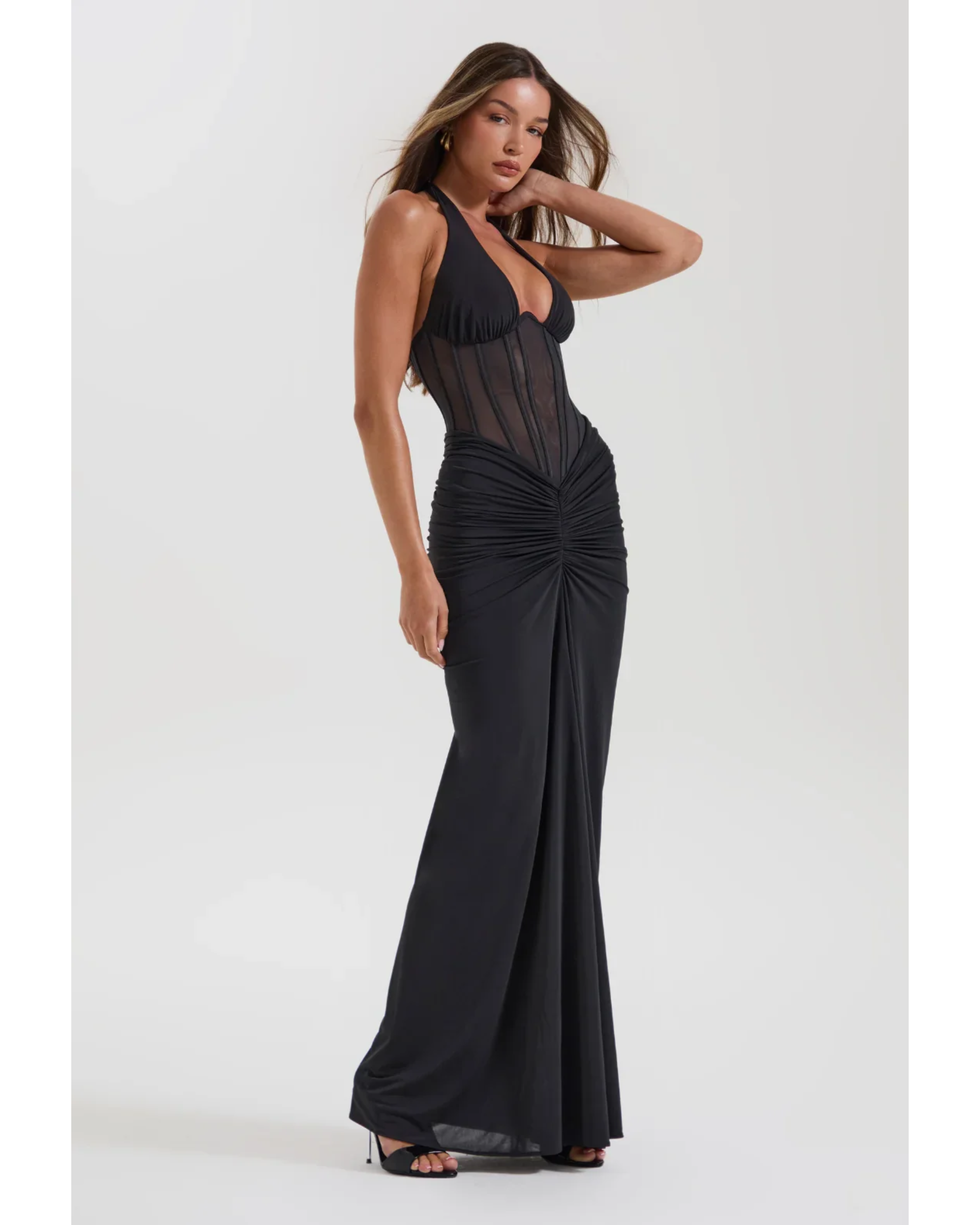 Black halter maxi dress with sheer bodice and ruched detail — Sydney Lane | Endless UAE