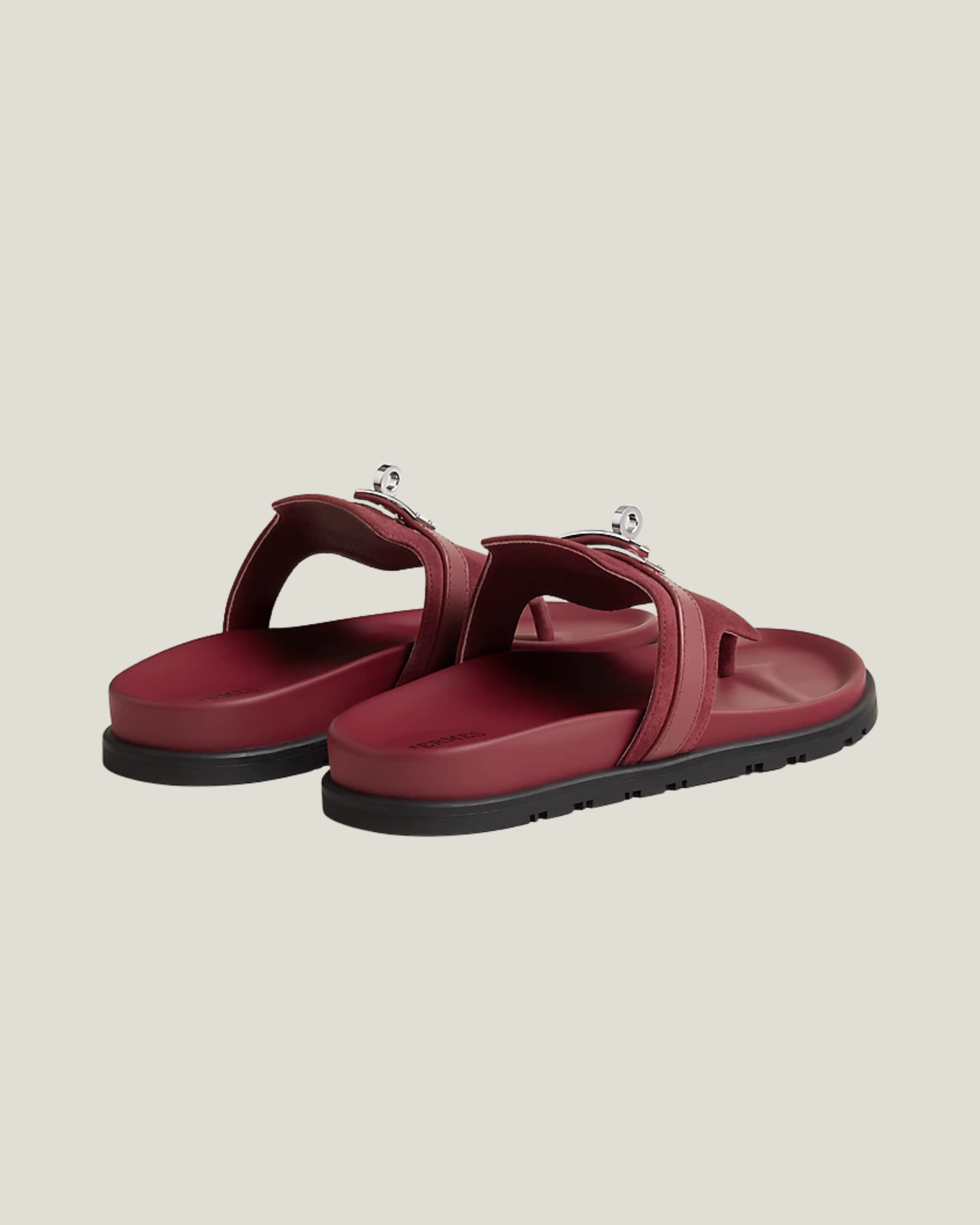 Burgundy leather thong sandal with black sole and silver hardware — Hermes | Endless UAE