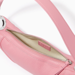 Pink leather mini shoulder bag with dual handles displayed against neutral background — By Far | Endless UAE
