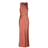 Woman wearing rust-colored high neck bias midi dress with strappy heels — Shona Joy | Endless UAE
