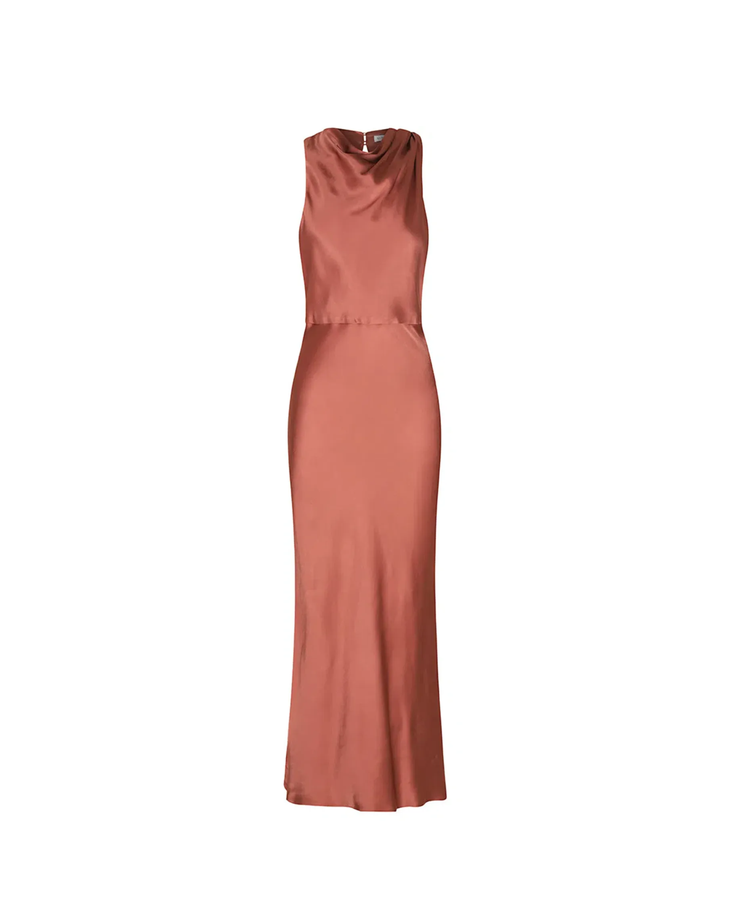 Woman wearing rust-colored high neck bias midi dress with strappy heels — Shona Joy | Endless UAE