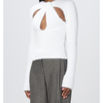 White fuzzy sweater with sculptural cutout detail at chest paired with gray wide-leg trousers — Coperni | Endless UAE