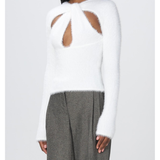 White fuzzy sweater with sculptural cutout detail at chest paired with gray wide-leg trousers — Coperni | Endless UAE