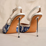 White slingback heels with blue floral patterned sole and metallic stiletto heel — Subashini Heels | Endless UAE