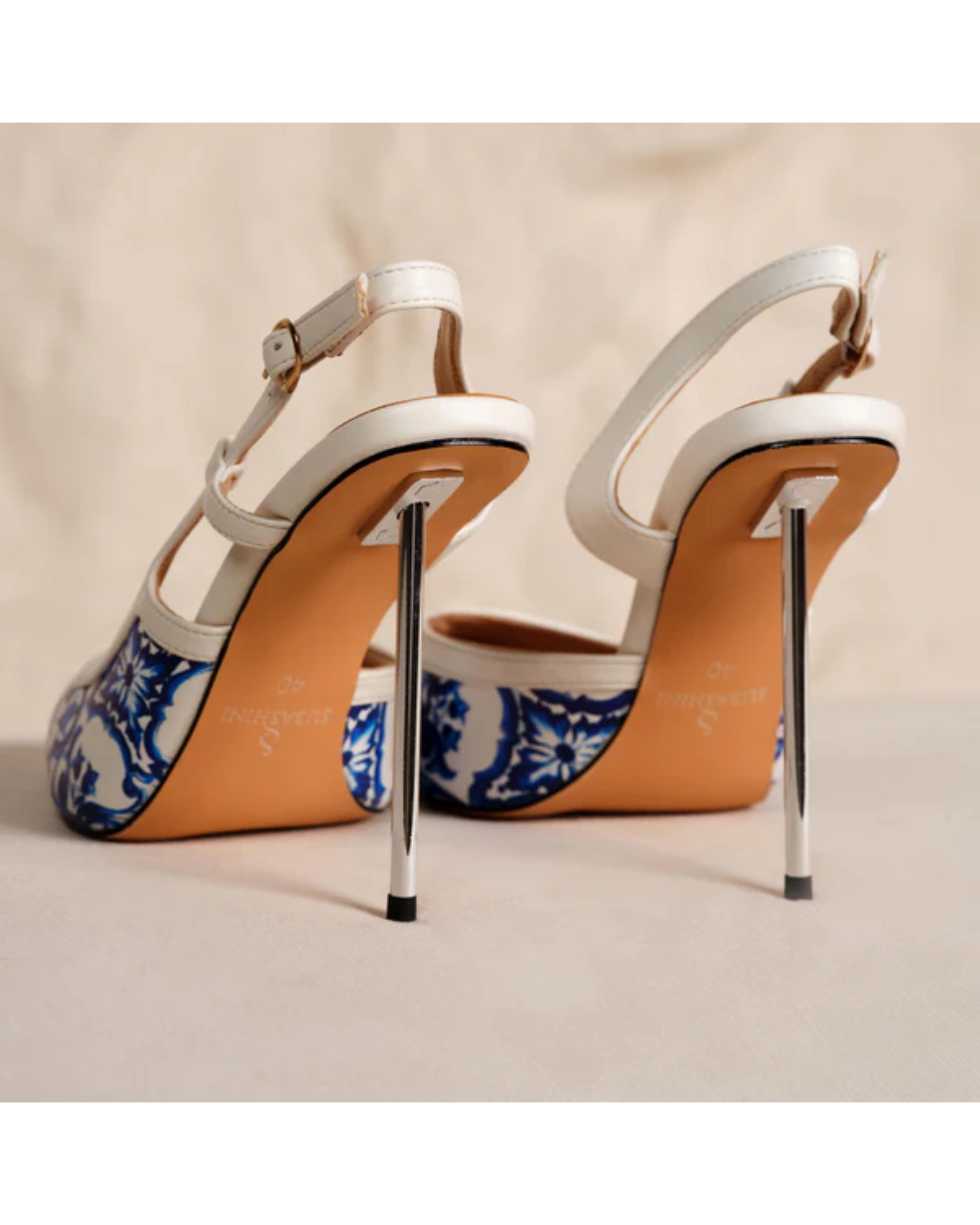 White slingback heels with blue floral patterned sole and metallic stiletto heel — Subashini Heels | Endless UAE