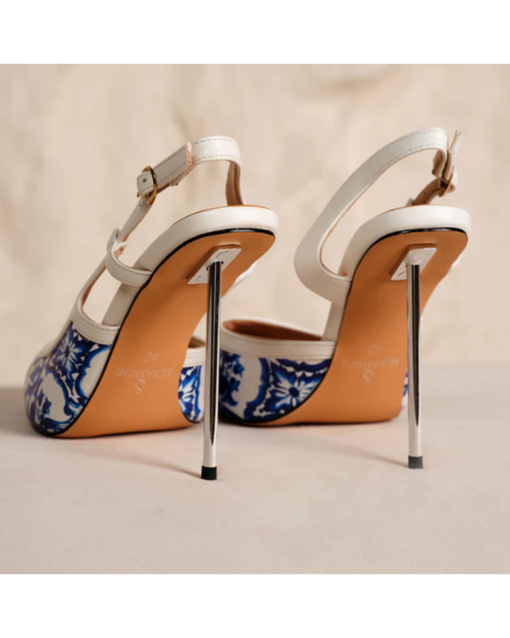 White slingback heels with blue floral patterned sole and metallic stiletto heel — Subashini Heels | Endless UAE