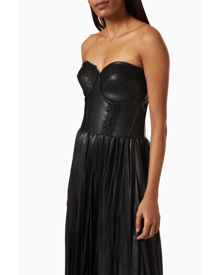 Black strapless vegan leather midi dress with pleated skirt and lace trim detail — Elisabetta Franchi | Endless UAE