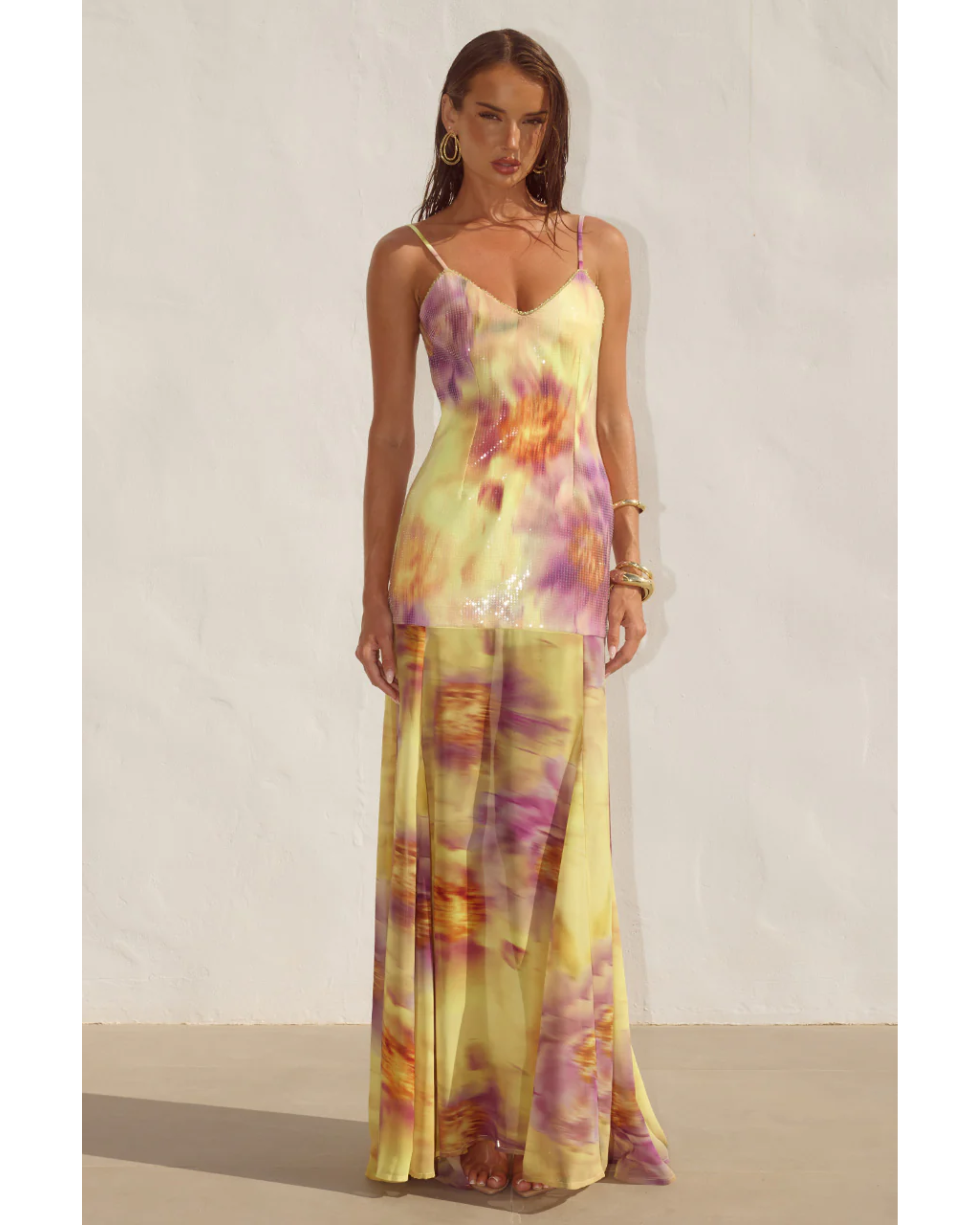 Tulia Low Back Maxi Dress in yellow and purple tie-dye print — Runaway The Label | Endless UAE