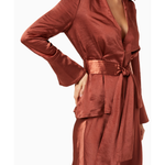 Rust-colored satin wrap top with long sleeves, collar detail, and matching waist tie belt — Significant Other | Endless UAE