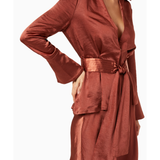 Rust-colored satin wrap top with long sleeves, collar detail, and matching waist tie belt — Significant Other | Endless UAE