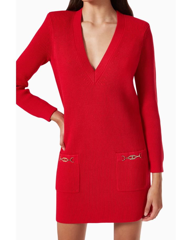 Red rib-knit mini dress with V-neck, black belt and boots — Elisabetta Franchi | Endless UAE