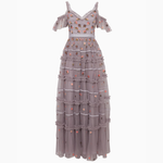 Vintage-Lavender Celeste Embellished Gown with tiered ruffles and floral beading — Needle & Thread | Endless UAE