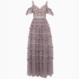 Vintage-Lavender Celeste Embellished Gown with tiered ruffles and floral beading — Needle & Thread | Endless UAE