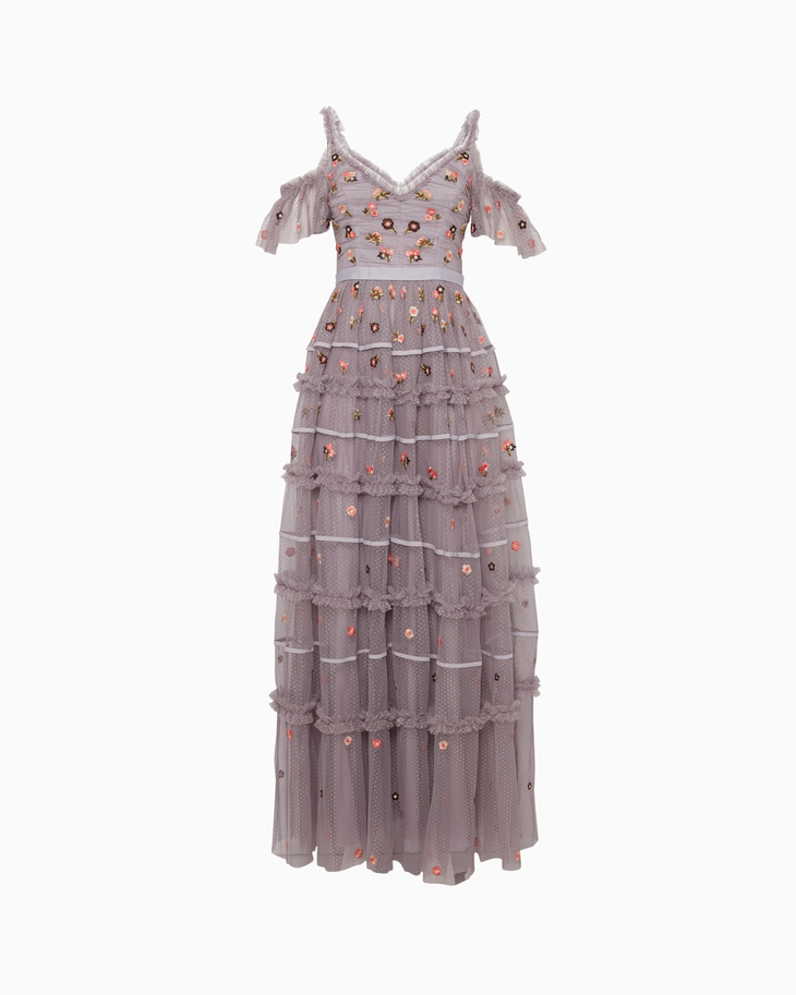 Vintage-Lavender Celeste Embellished Gown with tiered ruffles and floral beading — Needle & Thread | Endless UAE