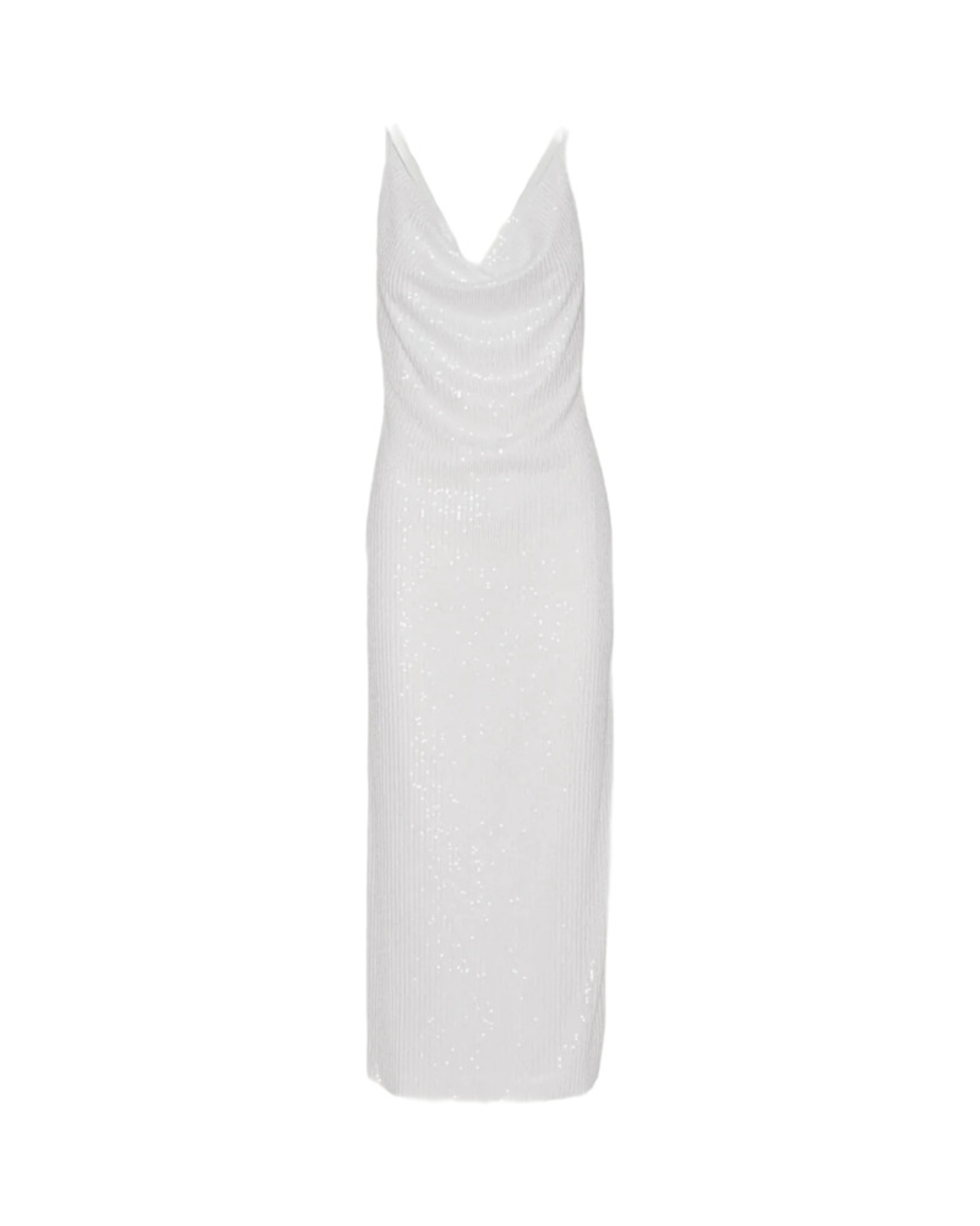 Woman wearing white sequin midi camisole dress with strappy heels — Rotate | Endless UAE
