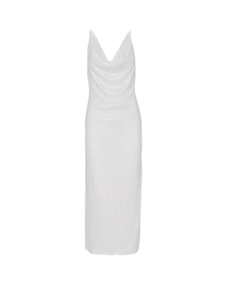 Woman wearing white sequin midi camisole dress with strappy heels — Rotate | Endless UAE