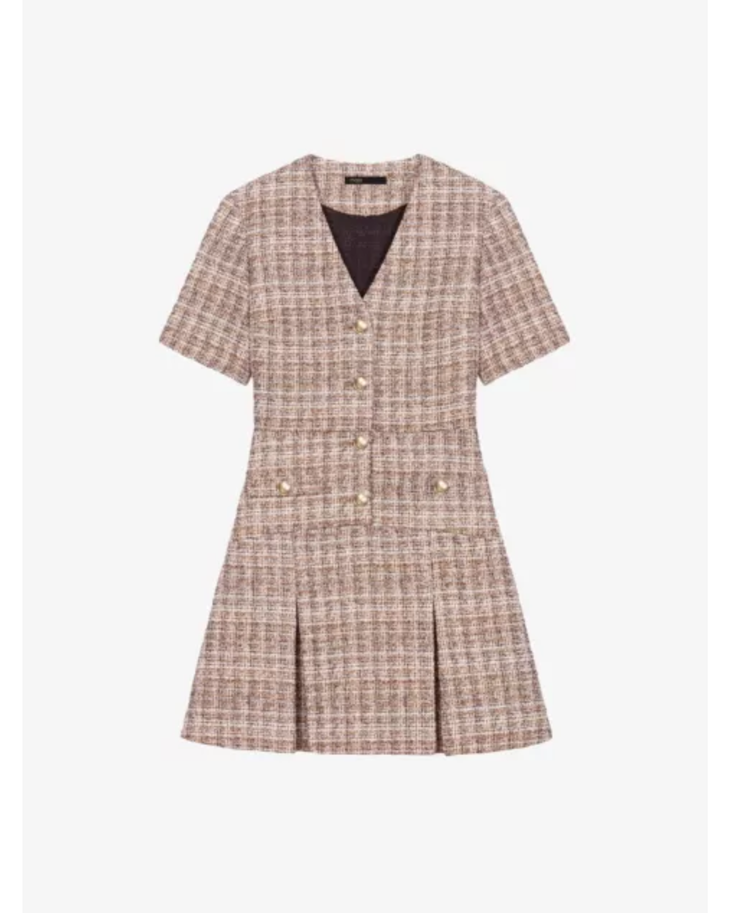 Beige and white checked cotton-blend mini dress with V-neck, short sleeves, button-down front and pleated skirt — Maje | Endless UAE