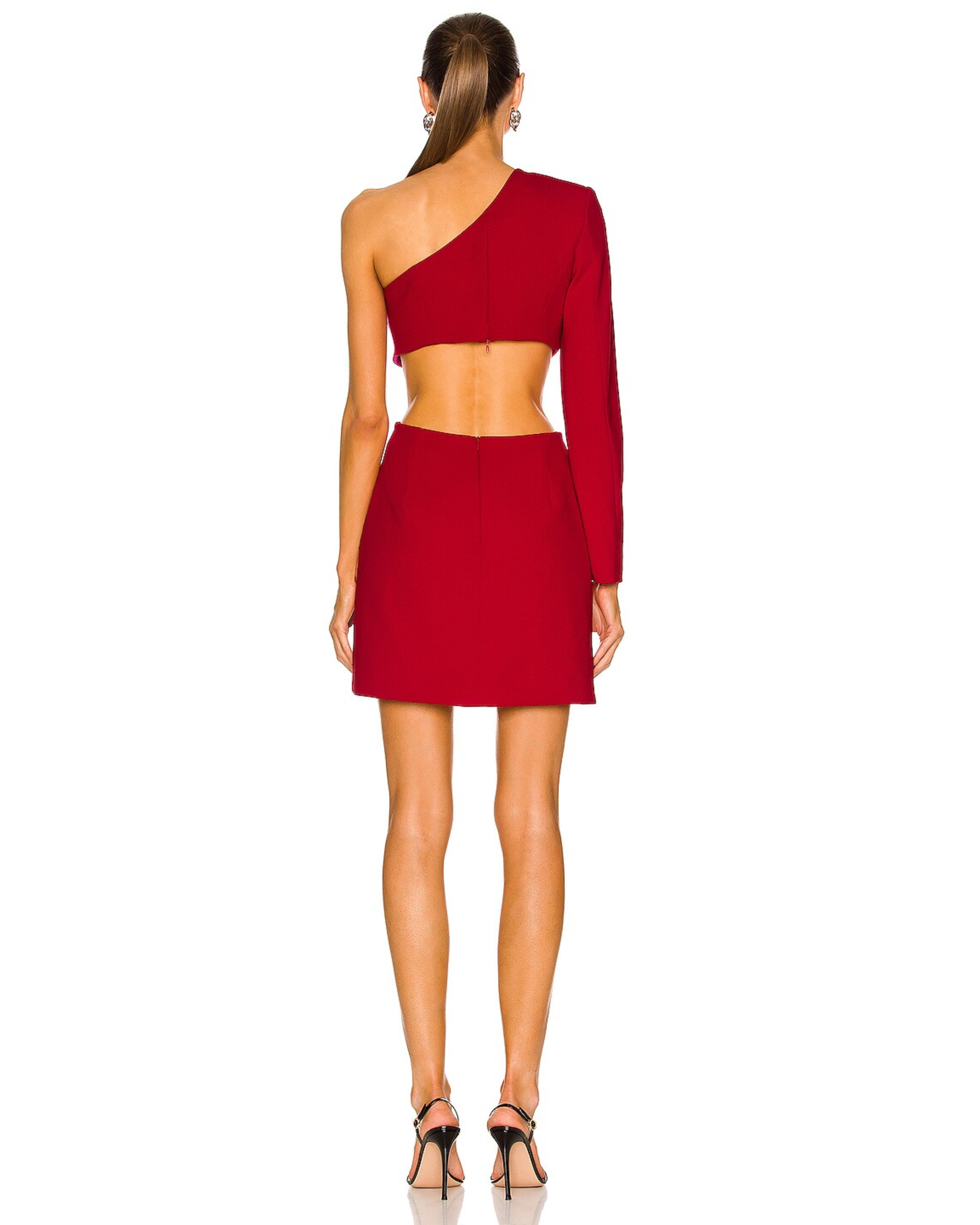 Red one sleeve cutout mini dress with asymmetric neckline and exposed back, paired with black heels — PatBo | Endless UAE