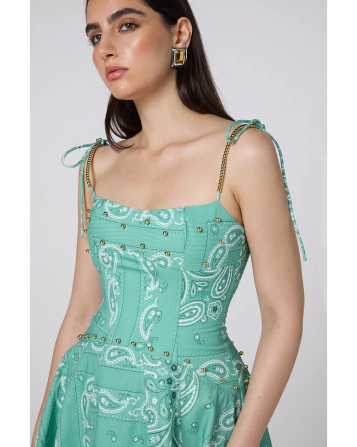 Mint green paisley print mini dress with thin straps and fit-and-flare silhouette — Mayka | Endless UAE