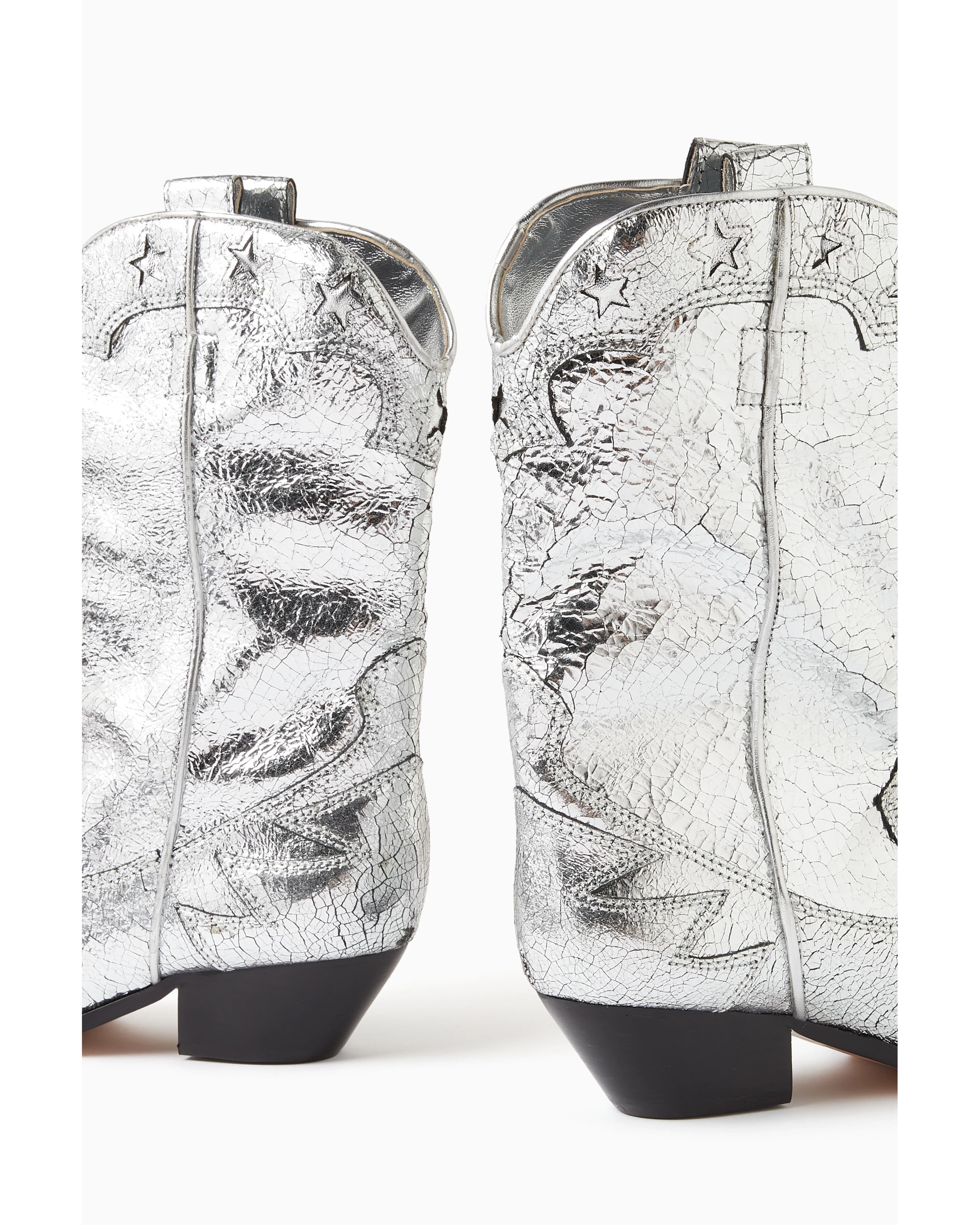 Silver crackled leather western-style cowboy boot with black heel and decorative stitching — Schutz | Endless UAE