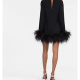 Black turtleneck mini dress with feather trim hem — Taller Marmo | Endless UAE