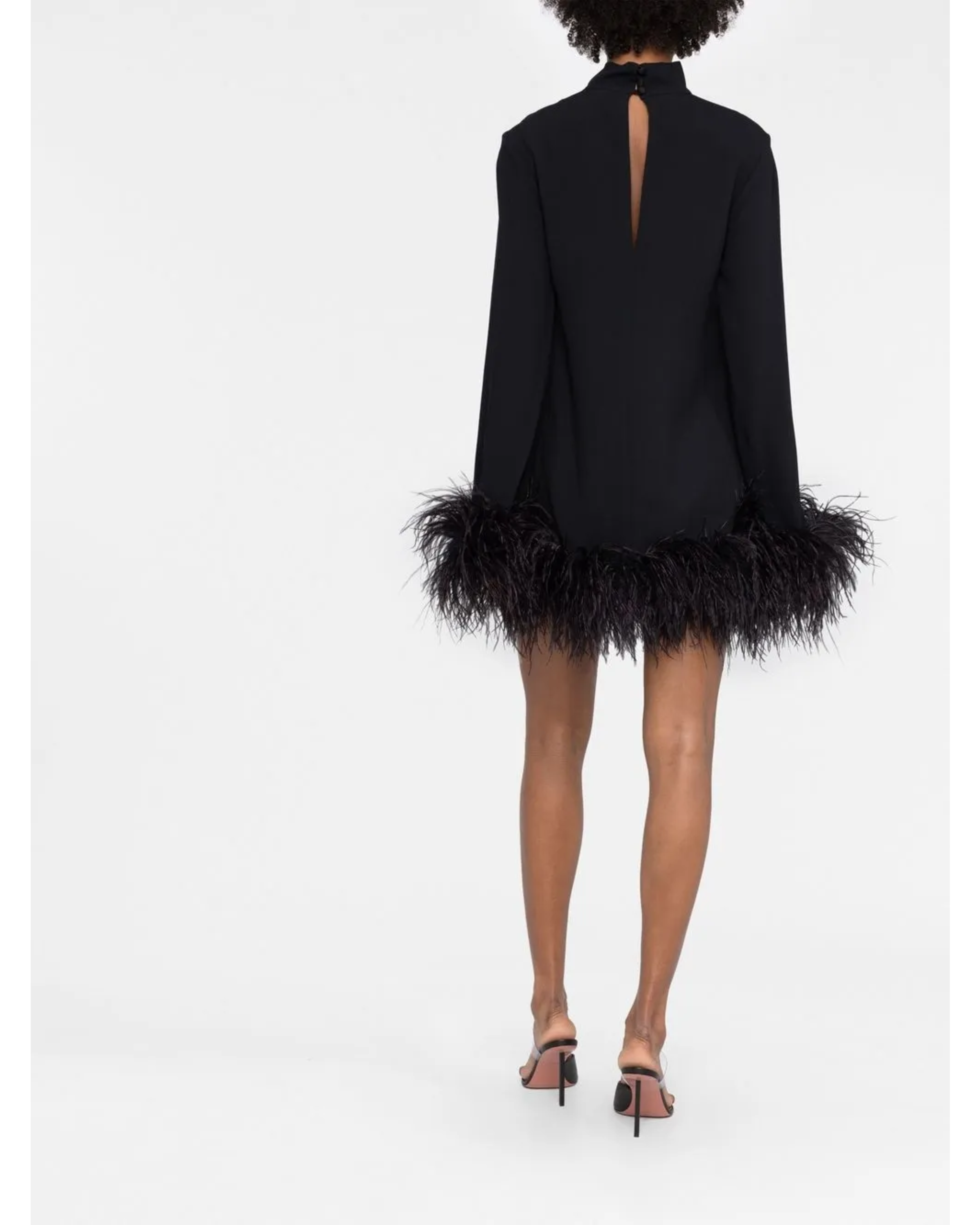 Black turtleneck mini dress with feather trim hem — Taller Marmo | Endless UAE
