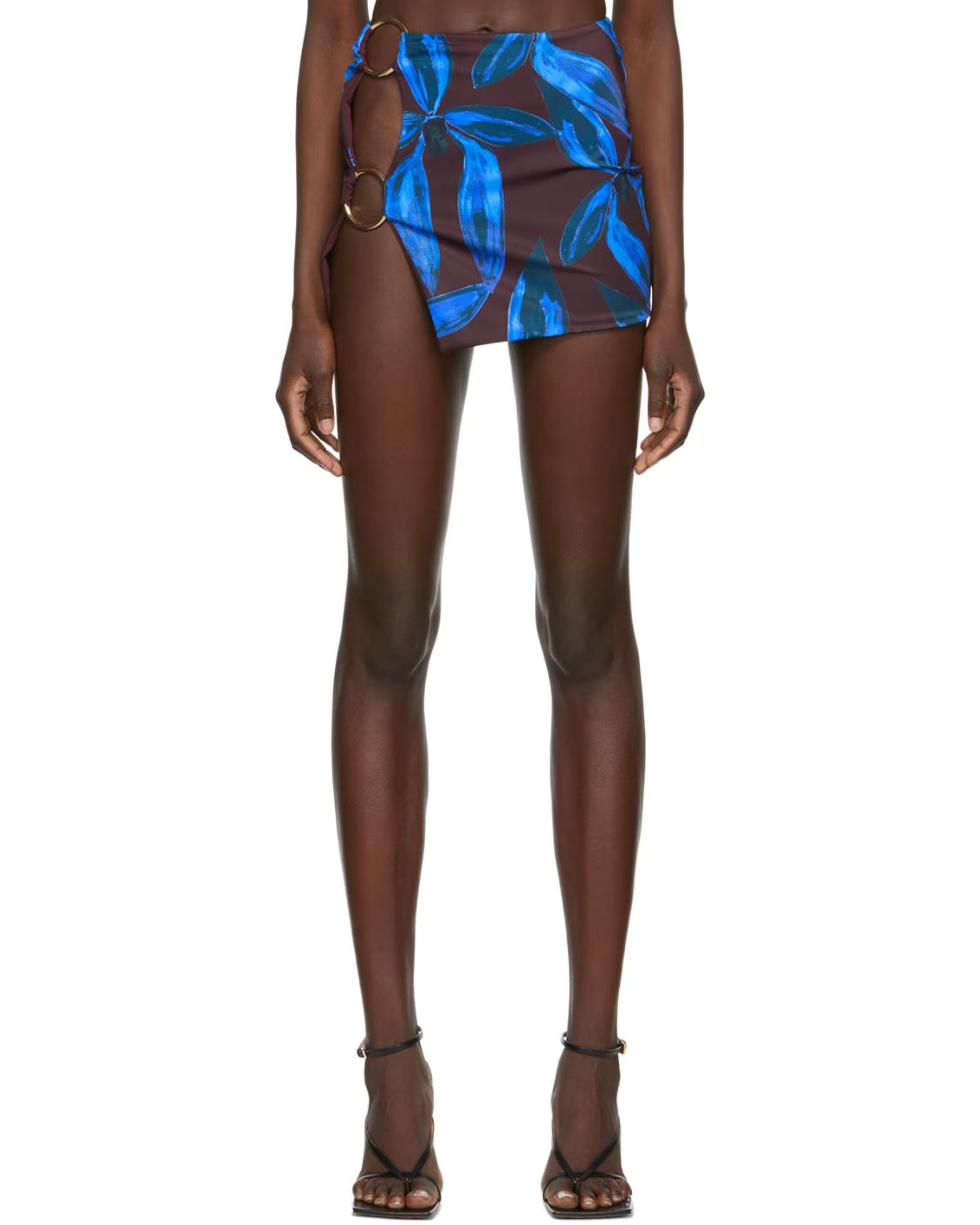 Blue leaf print mesh miniskirt with double ring side cutouts and adjustable tie details — Louisa Ballou | Endless UAE