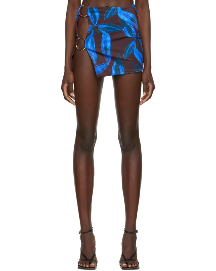 Blue leaf print mesh miniskirt with double ring side cutouts and adjustable tie details — Louisa Ballou | Endless UAE