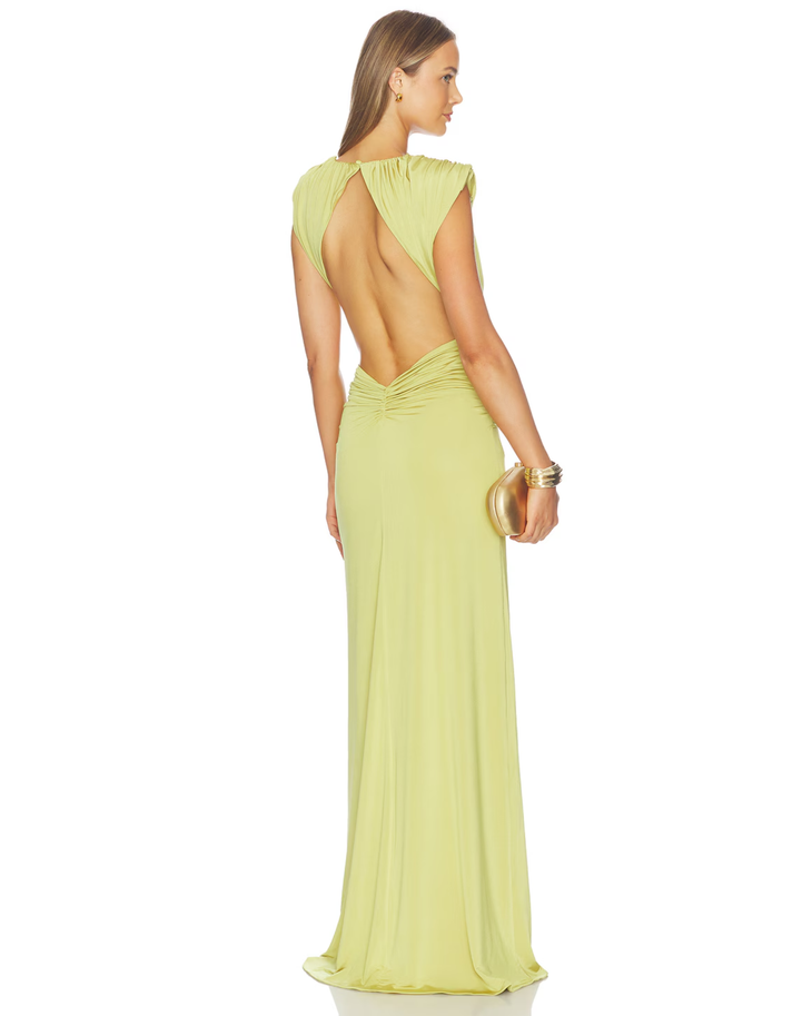 Lime Green Plunge V-Neck Sleeveless Maxi Dress with Twisted Waist Detail — AWAVE Studio | Endless UAE